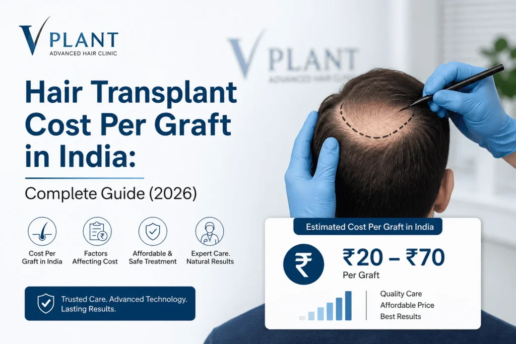 Hair transplant cost per graft in India guide with ₹20–₹70 pricing, doctor marking hairline, and cost factors infographic