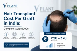 Hair transplant cost per graft in India guide with ₹20–₹70 pricing, doctor marking hairline, and cost factors infographic
