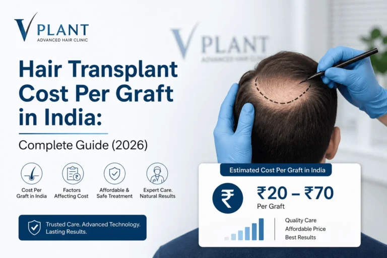 Hair transplant cost per graft in India guide with ₹20–₹70 pricing, doctor marking hairline, and cost factors infographic