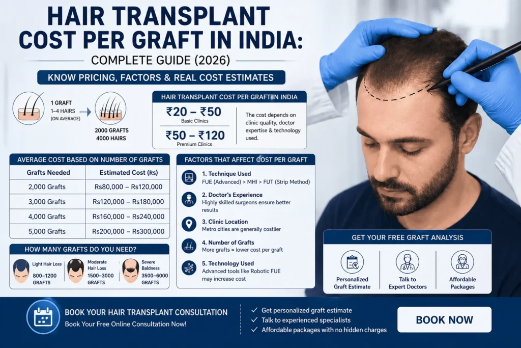 Hair transplant cost per graft in India infographic showing ₹20–₹120 pricing, graft estimates, and factors affecting hair transplant cost