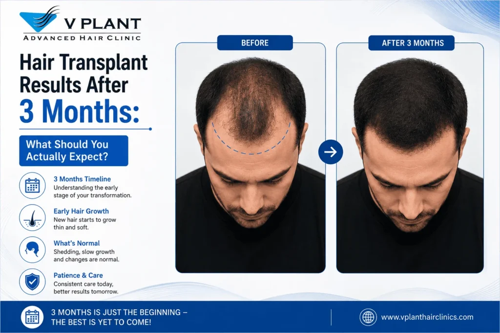 Modern infographic by V Plant Hair Clinics showing hair transplant results after 3 months with before and after comparison images of a male patient, highlighting early hair growth, recovery timeline, and expected progress after FUE hair transplant treatment.