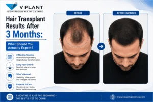 Modern infographic by V Plant Hair Clinics showing hair transplant results after 3 months with before and after comparison images of a male patient, highlighting early hair growth, recovery timeline, and expected progress after FUE hair transplant treatment.