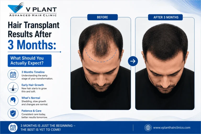 Modern infographic by V Plant Hair Clinics showing hair transplant results after 3 months with before and after comparison images of a male patient, highlighting early hair growth, recovery timeline, and expected progress after FUE hair transplant treatment.