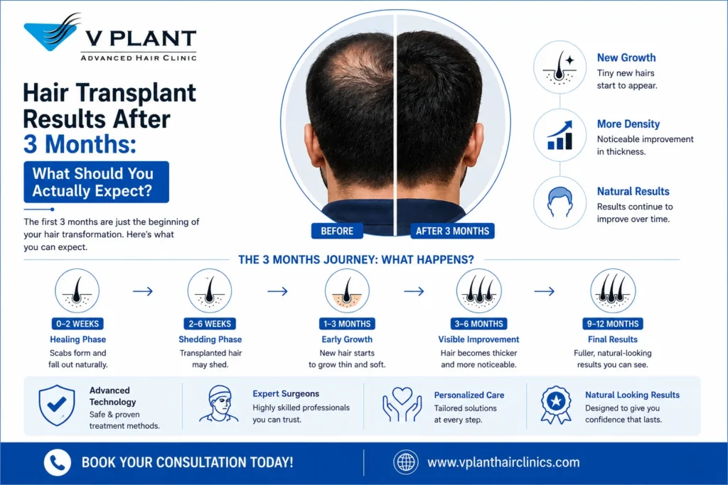 Professional infographic by [V Plant Hair Clinics](https://vplanthairclinics.com/) showing hair transplant results after 3 months with a split before-and-after scalp comparison, hair growth timeline, recovery stages, and expectations for early hair density improvement after FUE hair transplant treatment.

