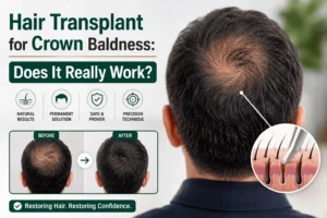 A medical infographic about hair transplant for crown baldness featuring a man viewed from behind with visible thinning at the crown. The design includes before-and-after images demonstrating improved crown hair density after transplantation, along with a magnified illustration of hair follicle implantation. Text highlights natural results, permanent restoration, safety, and precision techniques.