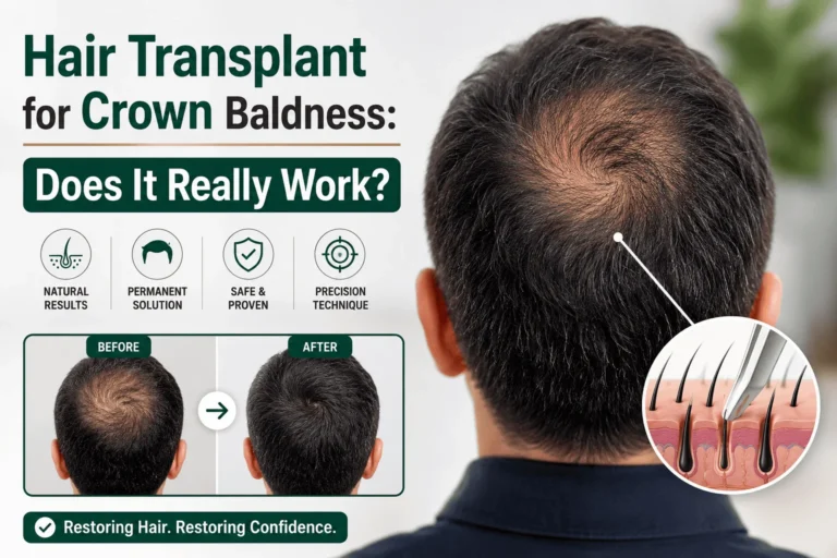 A medical infographic about hair transplant for crown baldness featuring a man viewed from behind with visible thinning at the crown. The design includes before-and-after images demonstrating improved crown hair density after transplantation, along with a magnified illustration of hair follicle implantation. Text highlights natural results, permanent restoration, safety, and precision techniques.