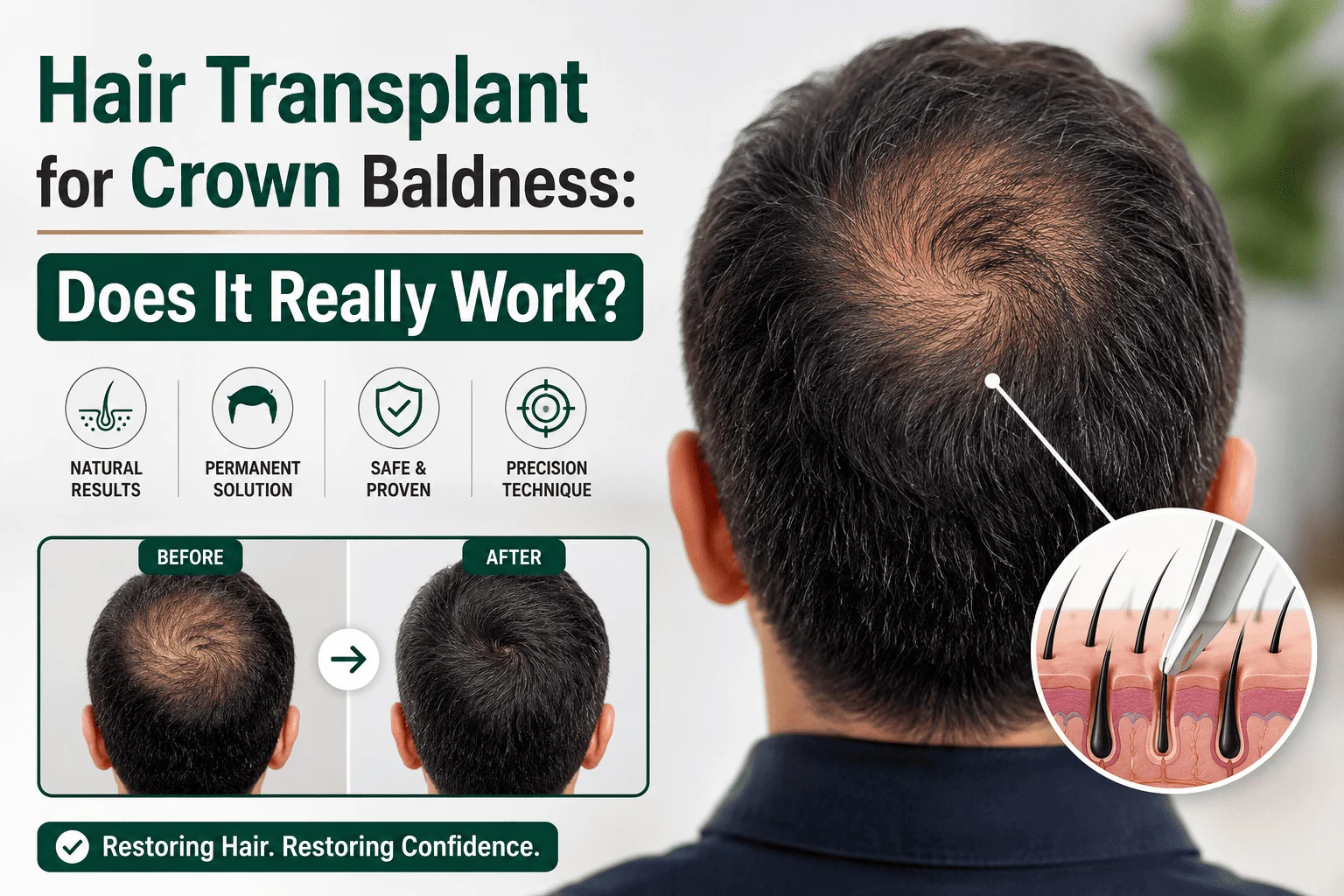 A medical infographic about hair transplant for crown baldness featuring a man viewed from behind with visible thinning at the crown. The design includes before-and-after images demonstrating improved crown hair density after transplantation, along with a magnified illustration of hair follicle implantation. Text highlights natural results, permanent restoration, safety, and precision techniques.